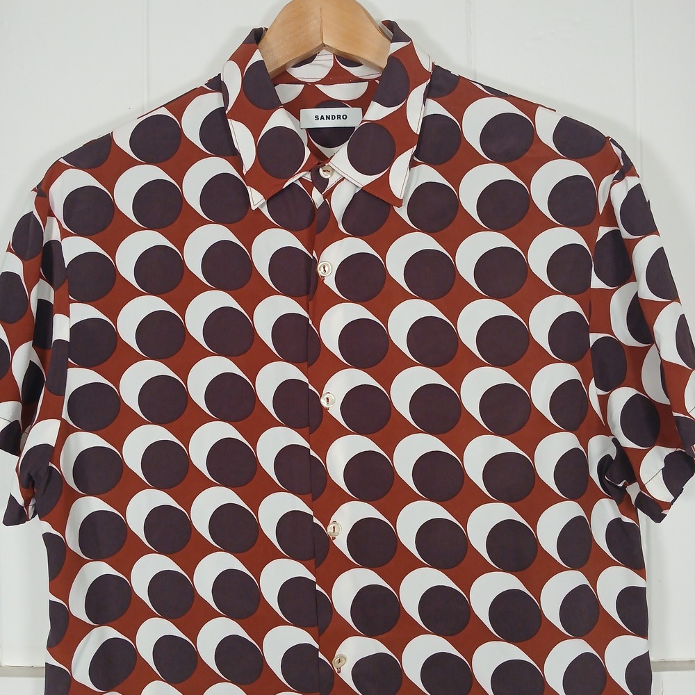 Sandro Pop Dot Button Shirt Mens S Rust Brown Geometric Circle Print Viscose